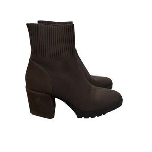 Eileen Fisher Sock Boots Womens 11 Brown Knit Suede Block Heel Lug Sole Pull On